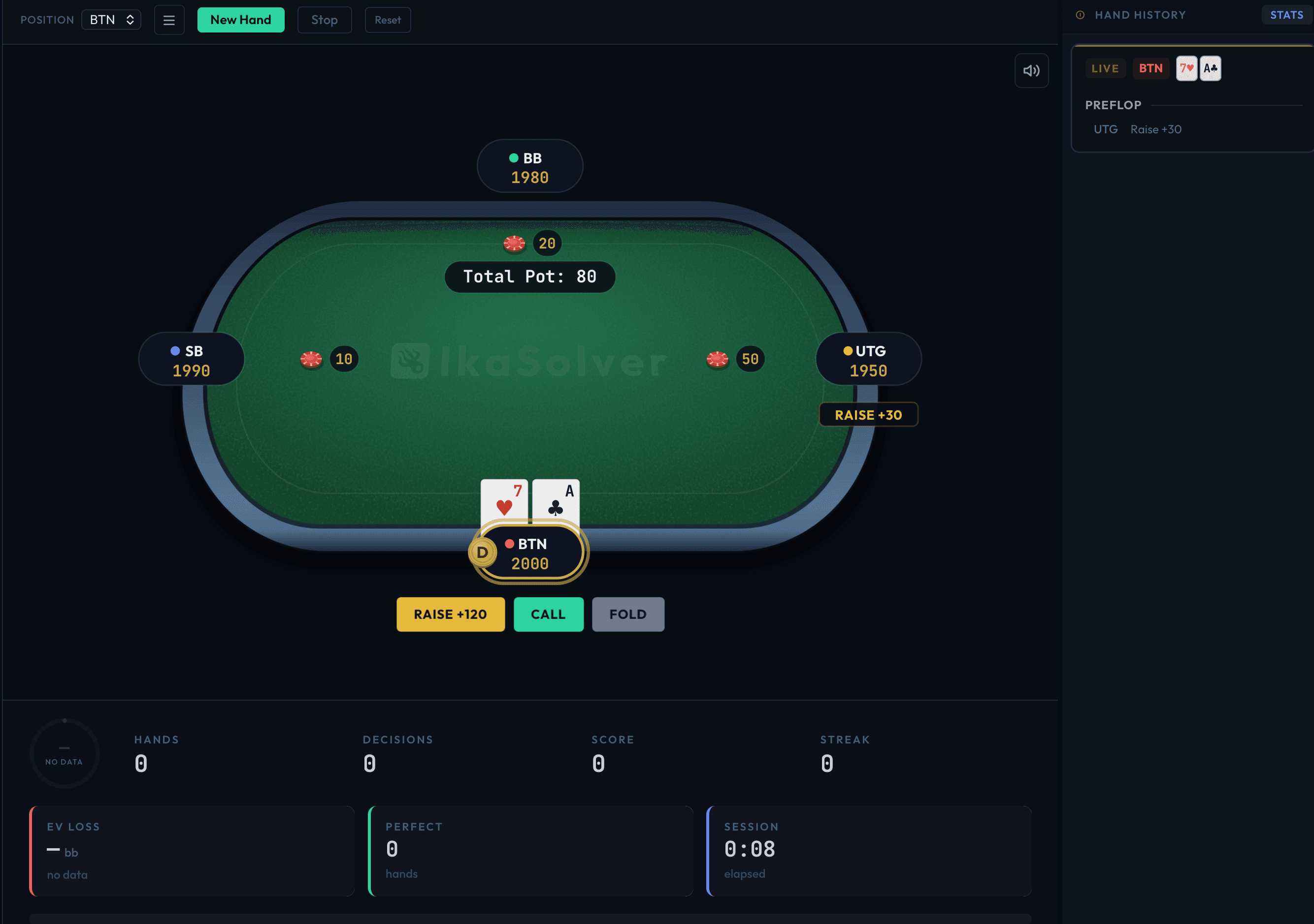 IkaSolver trainer: poker table with action buttons and feedback comparing your decision to the GTO strategy