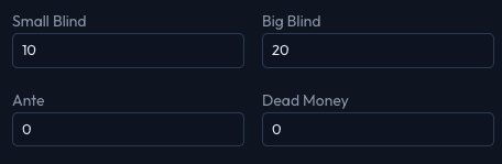 New Tree dialog showing blinds and ante fields