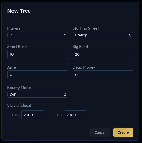 New Tree dialog configured for 2-player preflop