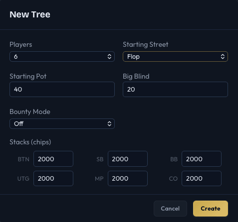 New Tree dialog configured for flop start with Starting Pot field