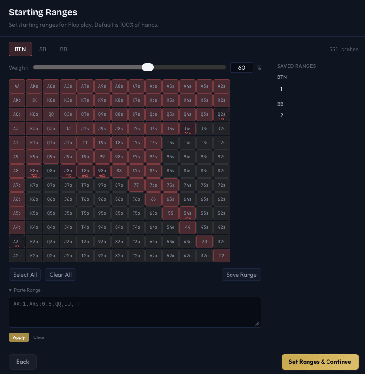Starting Ranges dialog with the 13x13 grid