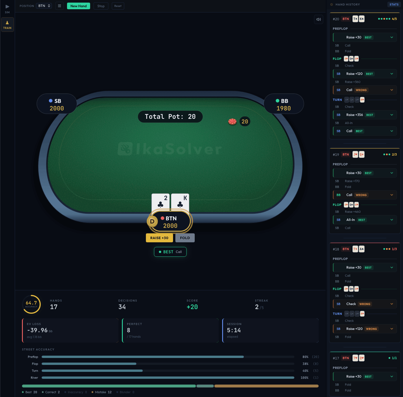 Full trainer view with poker table and action buttons