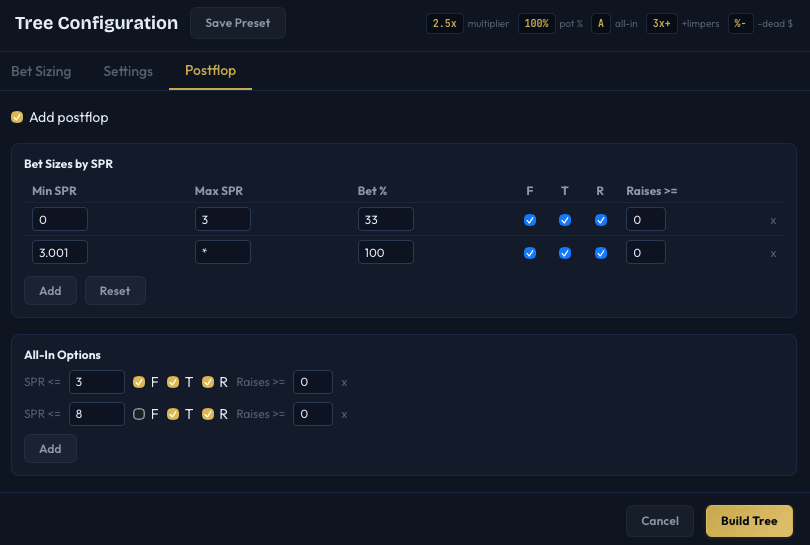 Tree Configuration dialog on the Postflop tab