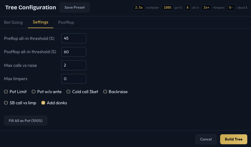 Tree Configuration dialog on the Settings tab