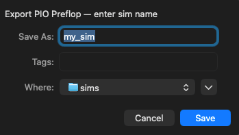 Sim menu showing PIO Export option