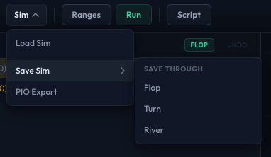 Sim menu showing Save Sim with street picker